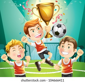 Children Soccer champion with winners trophy sporting. cartoon character.