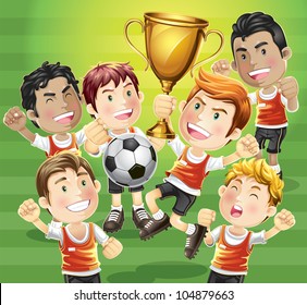  Children Soccer champion with winners trophy. cartoon character.