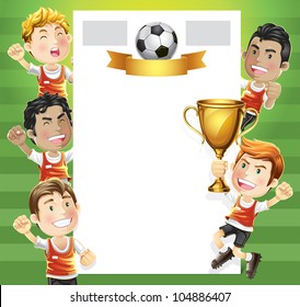 Children Soccer Champion With Winners Trophy And Scoreboard. Cartoon Character.