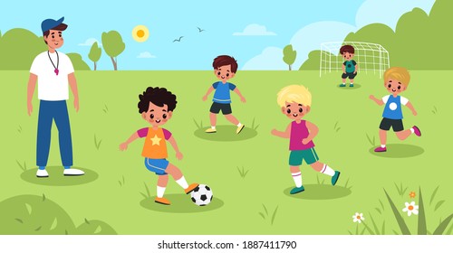 Children soccer. Kids play football in summer park, boys sport team workout with male coach, goalkeeper on gate, young athletes activity. Little friends play together vector cartoon childhood concept