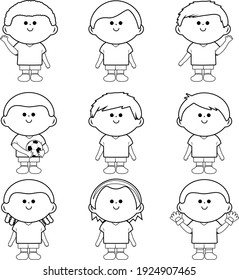 Children soccer team. Vector black and white coloring page
