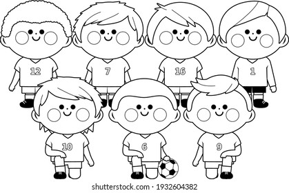 Children soccer team. Vector black and white coloring page