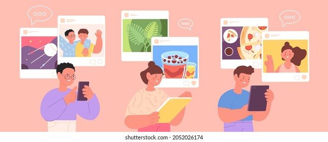 Children social media. Cyber communication, kids internet addiction. Girl and boy posting photos, liked news and looking videos utter vector concept