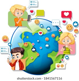 Children with social media elements on earth globe illustration