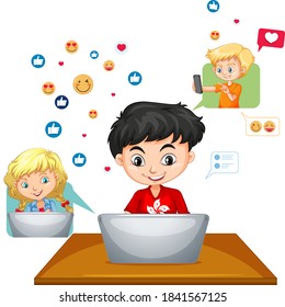 Children with social media elements on white background illustration