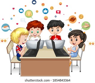 Children with social media elements on white background illustration