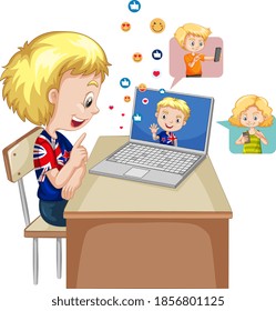 Niños con elementos de medios sociales en ilustraciones de fondo blanco