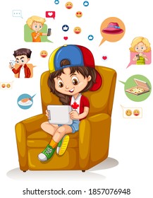 Niños con elementos de medios sociales en ilustraciones de fondo blanco