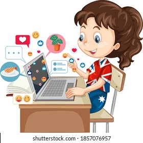 Children with social media elements on white background illustration