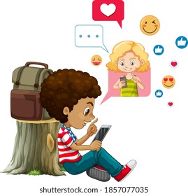 Niños con elementos de medios sociales en ilustraciones de fondo blanco