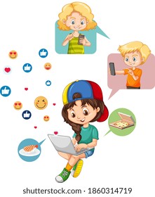Children with social media elements on white background illustration