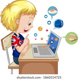 Children with social media elements on white background illustration