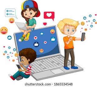 Children with social media elements on white background illustration