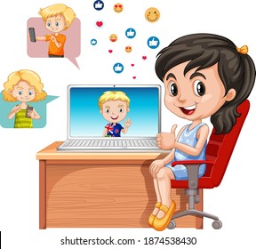 Children with social media elements on white background illustration