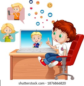 Children with social media elements on white background illustration