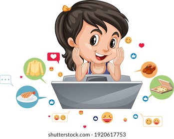 Children with social media elements on white background illustration