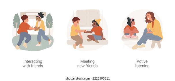 Children socialization at elementary school isolated cartoon vector illustration set. Interacting with kids, meeting new friend, active listening, communication skill, play together vector cartoon.