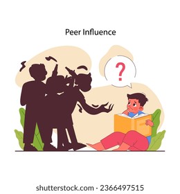 Children socialization. Peers negative pressure or positive influence on kid behavior. Children group communication and dynamic. Vector flat illustration