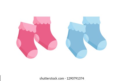 Children socks vector illustration set - pink and blue newborn wearing isolated on white background.