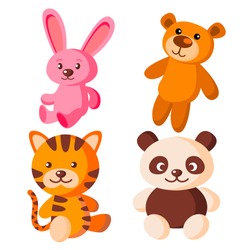 Children Soft Toys Vector. Bear, Tiger, Hare, Panda. Isolated Flat Cartoon Illustration