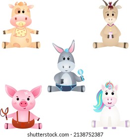 Children Soft Toys Vector. Cow,pig,goat,donkey,sheep,unicorn. Isolated Flat Cartoon Illustration