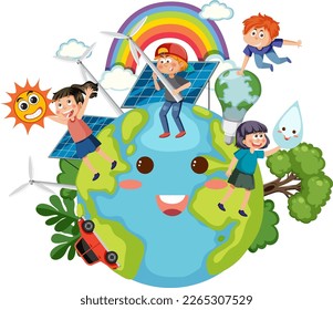 Children with solar panels and wind turbines illustration