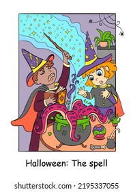 Children in sorcerer costumes cook a potion in a cauldron. Halloween concept for children. Vector colorful cartoon illustration. For print, decor, education and game