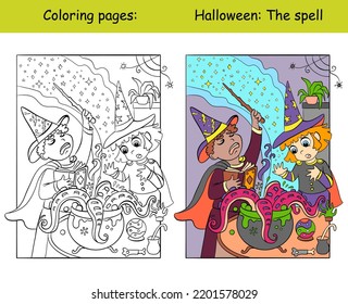 Children in sorcerer costumes cook a potion in a cauldron. Halloween concept. Kids coloring book page and color template. Vector cartoon illustration. For print, decor, education and game