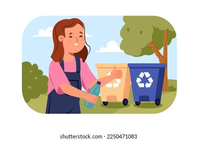 Kinder sortieren Müllkonzept mit Menschen Szene in flachem Design. Cute Teenagermädchen sammelt Plastikmüll und anderen Müll in getrennten Mülltonnen. Vektorgrafik mit Zeichensituation im Web
