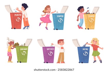 Children sorting garbage. Kids collect trash and throw out in rubbish recycling dustbins, separate litter child boy girl sort plastic paper organic waste classy vector illustration original artwork