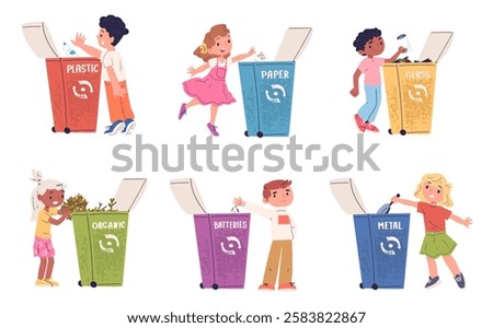 Children sorting garbage. Kids collect trash and throw out in rubbish recycling dustbins, separate litter child boy girl sort plastic paper organic waste classy vector illustration original artwork