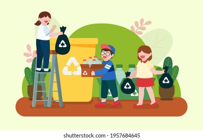 Children are sorting out plastic bottle to recycle bins,  save the world concept, reuse for help reduce global warming in cartoon character, isolated vector illustration