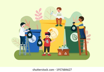 Children are sorting out waste to save the world, reuse for help reduce global warming in cartoon character, isolated vector illustration