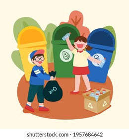 Children are sorting out waste to save the world, reuse for help reduce global warming in cartoon character, isolated vector illustration