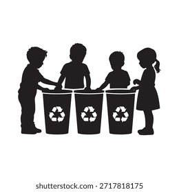 Crianças classificando a reciclagem em caixas separadas uma ilustração de silhueta