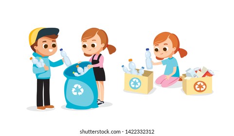 Children sorting waste. Eco friendly illustration. Set of children doing waste sorting. Environmental protection. Eco friendly.