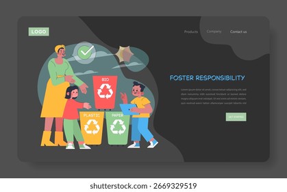 Crianças separando resíduos em lixeiras com orientação de adultos, responsabilidade de ensino. A ilustração vetorial enfatiza as práticas ecológicas, promovendo a consciência ambiental.