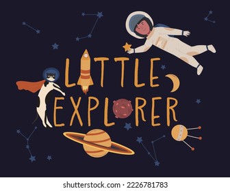 Children space adventure. Playing astronauts. Little explorer. Creative lettering. Cute cosmonaut. Editable vector illustration in cartoon style. Landscape cosmic background. Horizontal poster