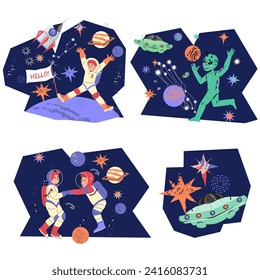 Children space adventures, vector illustration on a white background. Creative banners depicting children astronauts traveling in space. Astronomy and space topic.