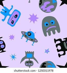 Children Space Background. Abstract Color Pattern with Aliens, Spaceships, Planets and Stars for Calico, Print, Textile. Modern Space Kids Pattern with Cute Monsters. Vector Texture.