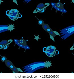 Children Space Background. Abstract Color Pattern with Aliens, Spaceships, Planets and Stars for Dress, Curtain, Tablecloth. Retro Space Kids Pattern with Cute Monsters. Vector Texture.