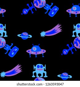 Children Space Background. Abstract Color Pattern with Aliens, Spaceships, Planets and Stars for Wallpaper, Fabric, Print. Modern Space Kids Pattern with Cute Monsters. Vector Texture.