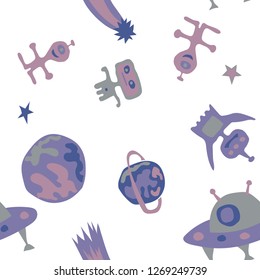 Children Space Background. Abstract Color Pattern with Aliens, Spaceships, Planets and Stars for Wallpaper, Fabric, Print. Vintage Space Kids Pattern with Cute Monsters. Vector Texture.