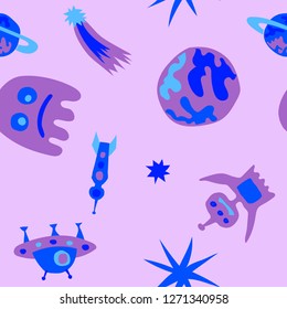 Children Space Background. Abstract Color Pattern with Aliens, Spaceships, Planets and Stars for Chintz, Linen, Wallpaper. Trendy Space Kids Pattern with Cute Monsters. Vector Texture.