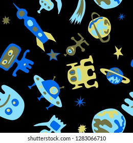 Children Space Background. Abstract Color Pattern with Aliens, Spaceships, Planets and Stars for Linen, Paper, Tablecloth. Modern Space Kids Pattern with Cute Monsters. Vector Texture.