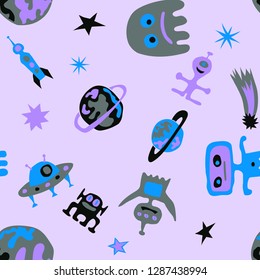Children Space Background. Abstract Color Background with Aliens, Spaceships, Planets and Stars for Print, Cloth, Textile. Modern Space Kids Pattern with Cute Monsters. Vector Texture.