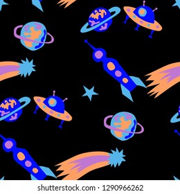 Children Space Background. Abstract Color Background with Aliens, Spaceships, Planets and Stars for Print, Cloth, Fabric. Vintage Space Kids Pattern with Cute Monsters. Vector Texture.