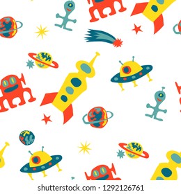Children Space Background. Abstract Color Background with Aliens, Spaceships, Planets and Stars for Calico, Print, Textile. Vintage Space Kids Pattern with Cute Monsters. Vector Texture.