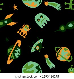 Children Space Background. Abstract Color Pattern with Aliens, Spaceships, Planets and Stars for Print, Cloth, Textile. Retro Space Kids Pattern with Cute Monsters. Vector Texture.