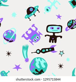 Children Space Background. Abstract Color Background with Aliens, Spaceships, Planets and Stars for Cotton, Print, Textile. Retro Space Kids Pattern with Cute Monsters. Vector Texture.